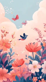 Pastel floral meadow with butterflies and songbird in flight.