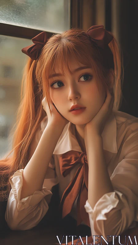 Young woman in uniform by window in warm soft light.