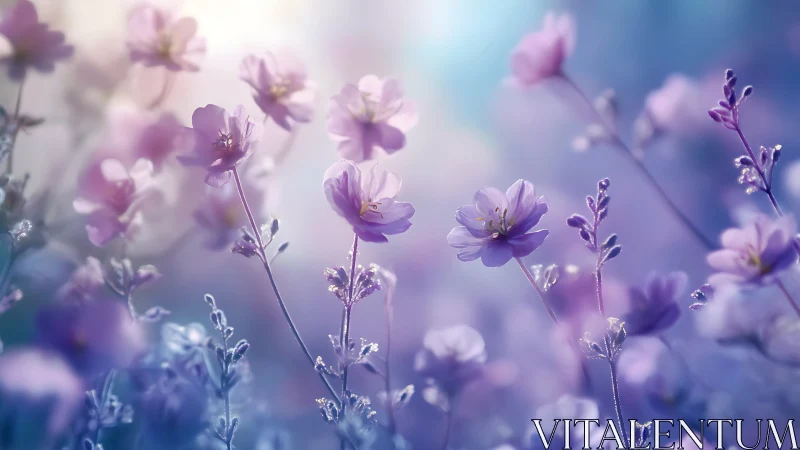 Purple wildflower field bathed in luminescent backlit atmospheric glow