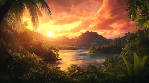 Sun-drenched jungle cove cradles a tranquil molten lagoon.