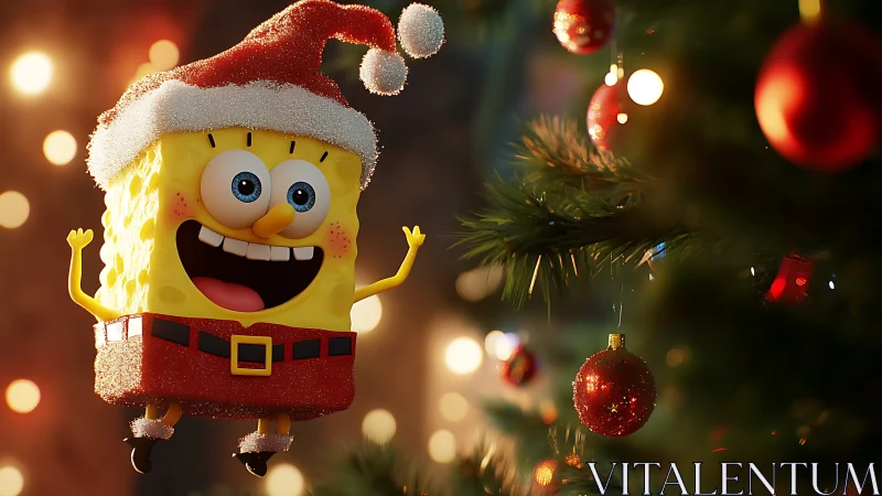 Cartoon sponge character in Santa outfit near lit tree