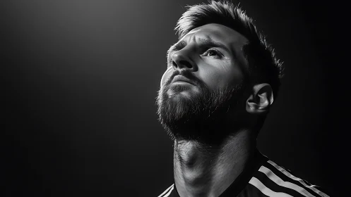 Black and white portrait of a focused male footballer.