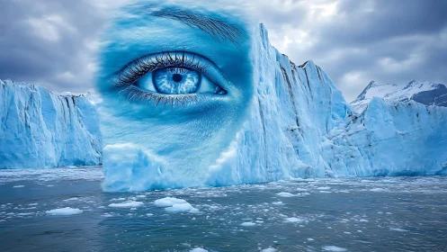 Glacial landscape integrates a hyper-detailed blue human eye seamlessly