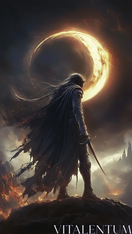 Lone dark warrior stands beneath a blazing crescent moon.