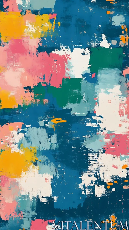 Vibrant abstract brushwork layers color blocks over deep teal