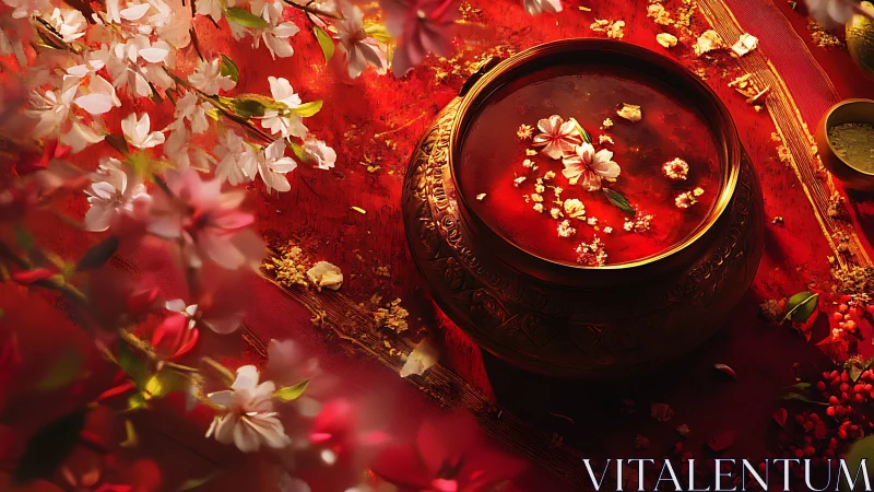 Brass bowl with red liquid and floating blossoms on fabric.