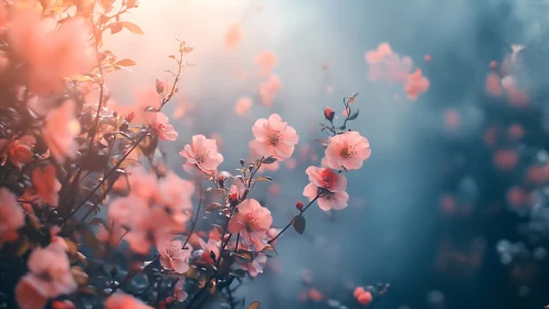 Pink Flowers Against Blue Background with Soft Focus