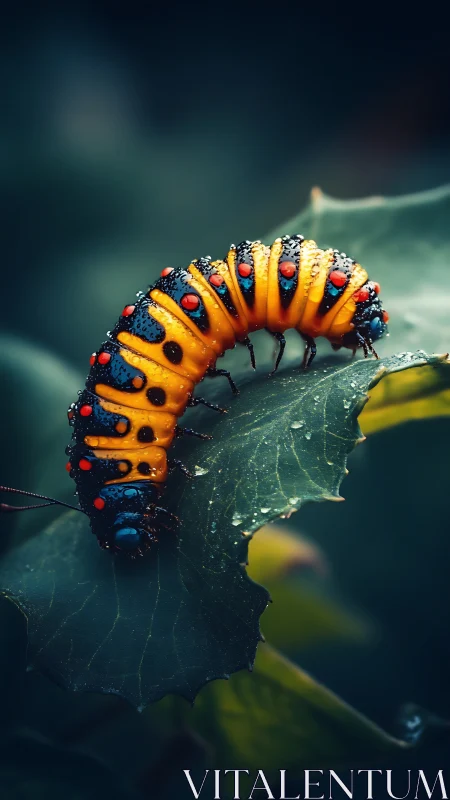 Macro view vivid caterpillar with dewdrops on leaf.