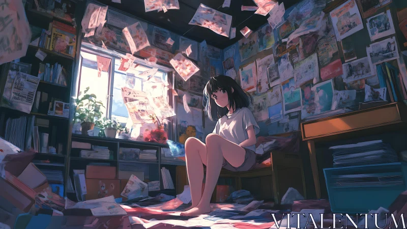 Girl in cluttered bedroom with floating papers and window light.