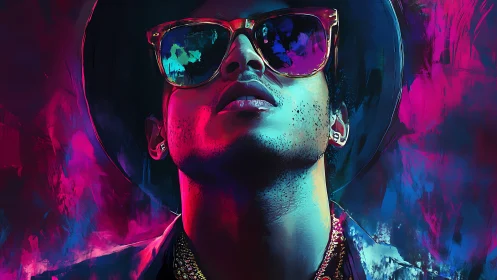 Portrait shows stylized male figure in neon lighting