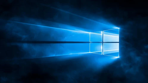 Glowing blue window logo on dark smoky digital background.