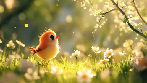 Sunlit fluff-bird marveling in a meadow of tiny wonders.