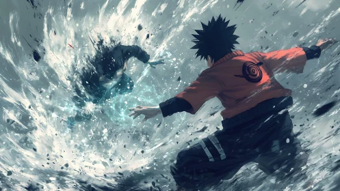 Anime fighter unleashes blue energy blast into crashing water