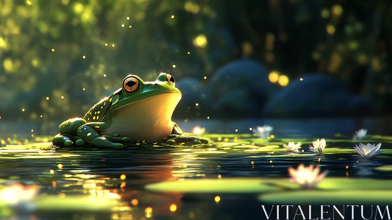 3D frog on sunlit lily pond with glowing bokeh light.