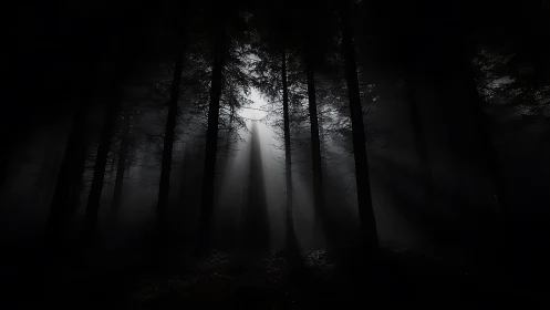 Misty forest passage pierced by ethereal light rays.