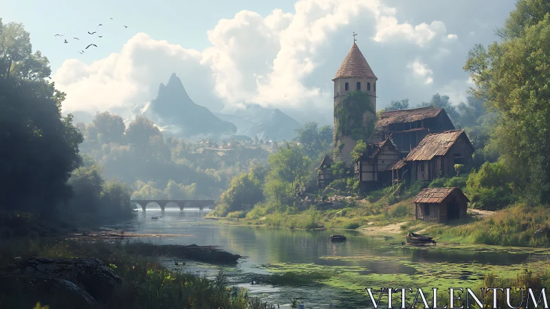 Medieval riverside village rests below distant misty peaks