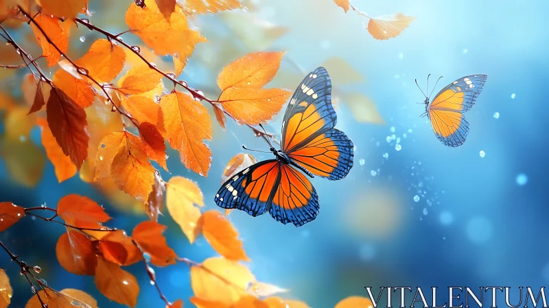 Gentle butterflies dancing through glowing autumn leaves.