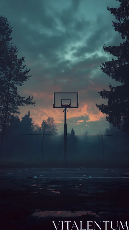 Foggy outdoor court under teal dusk storm clouds.