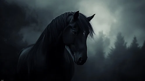 Black horse stands in dark misty forest at twilight.
