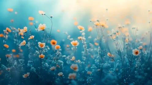 Golden flowers bloom through misty turquoise haze.