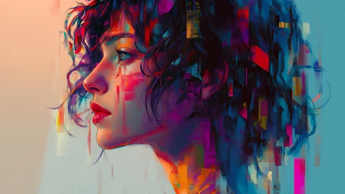 Digital side profile portrait with fragmented neon blocks.