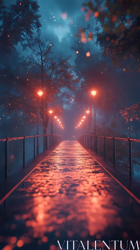 Rain soaked bridge under glowing lamps in misty forest.