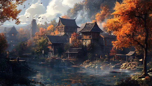 Amber mist over riverside pagodas in a quiet autumn valley.