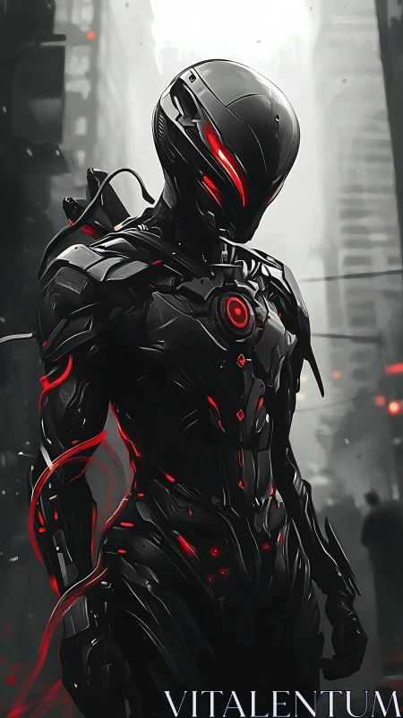 Cybernetic warrior stands in foggy dystopian city street