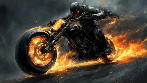 Flaming spectral rider tears through a storm of smoke and ash