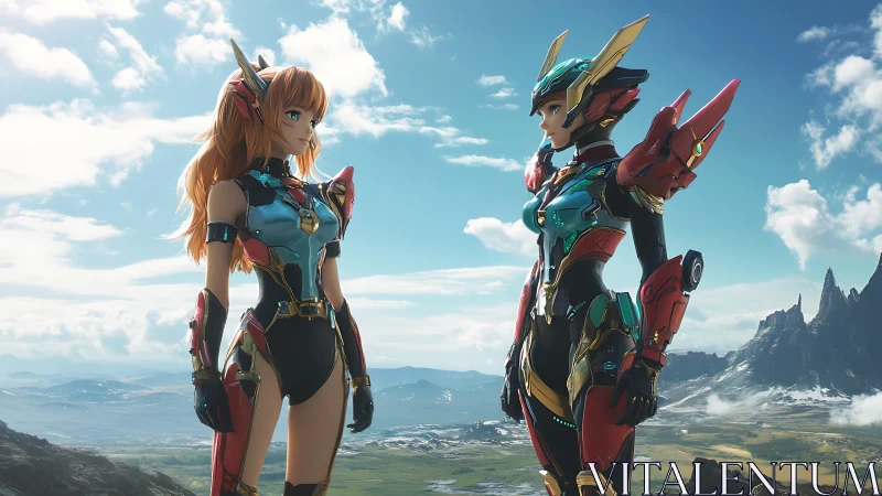 Dual mecha-armored anime heroines in highland vista confrontation