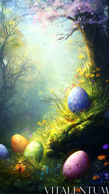 Decorative Easter eggs in a sunlit, flowering forest glade.