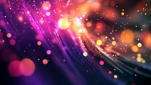 Neon light trails curve through cosmic bokeh dust field.