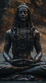 Dark meditative deity sculpture in seated lotus pose.