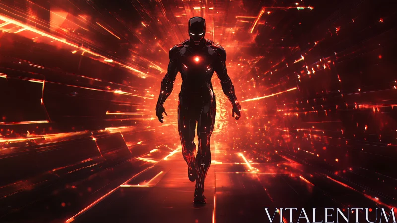 Armored cyber hero strides through blazing data tunnel.