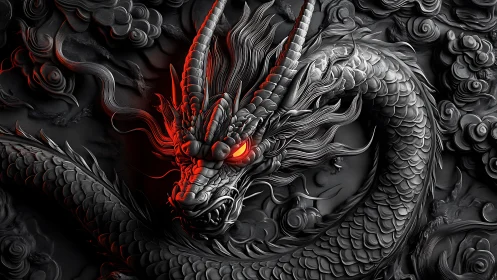 Dragon relief coils through clouds with intense red highlights