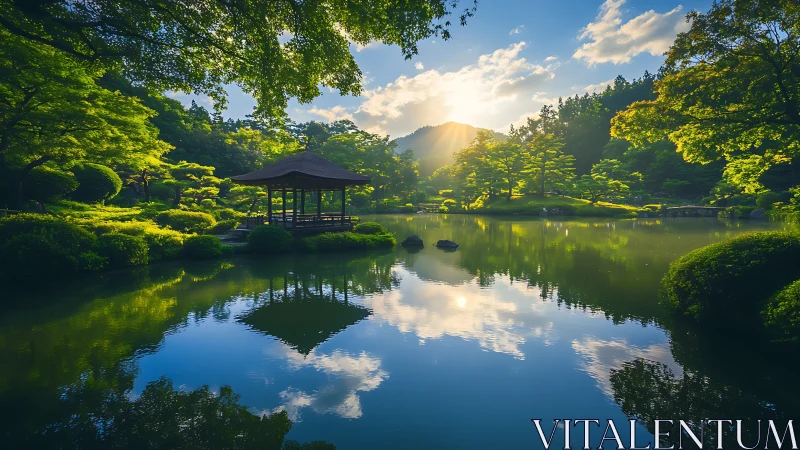 Sunlit Japanese garden pavilion with mirrored lakeside reflections.