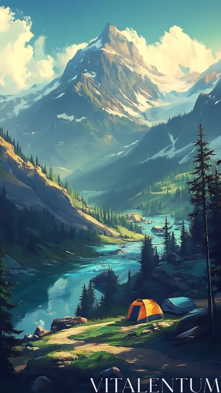 Mountain river campsite under towering sunlit peaks