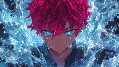 Red haired anime boy stares forward amid dynamic water