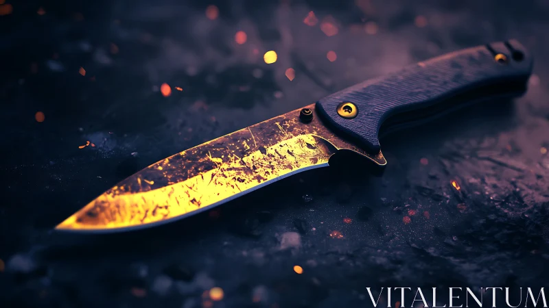Glowing Blade: A Folding Knife Ignited in Artistic Firelight.