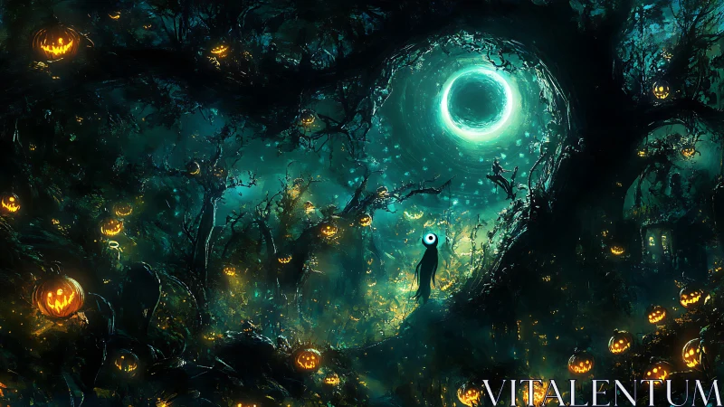 Moonlit pumpkin forest and lone spirit beneath an eerie haloed sky.