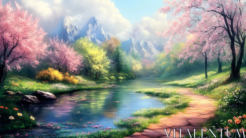 Spring river landscape shows flowering trees and distant peaks