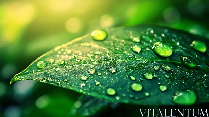 Morning sunlight glows on dew-covered green leaf surface.