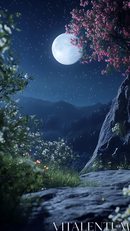 Moonlit forest verge under blossoming spring canopy.