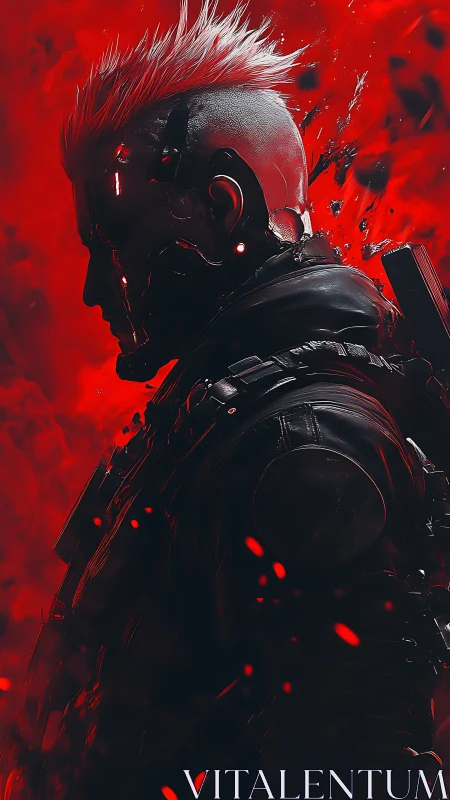 Fierce cyberpunk warrior stands silent in burning red haze