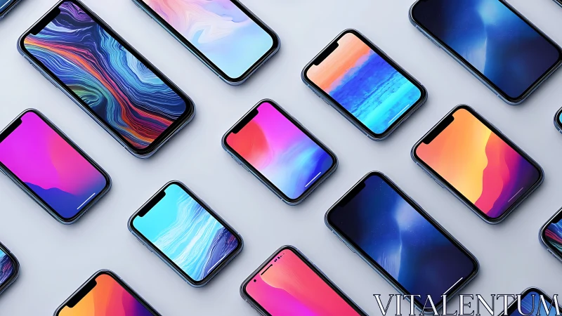 Isometric smartphone array with gradient OLED screens on neutral plane