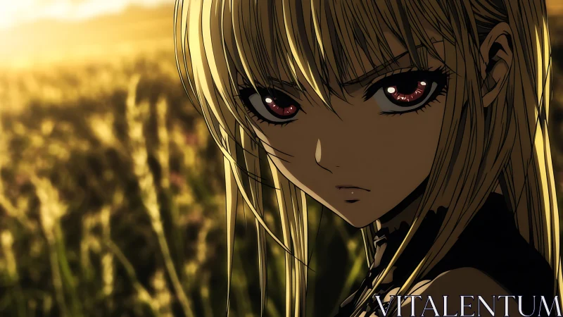 Brooding anime heroine in backlit golden wheat field.