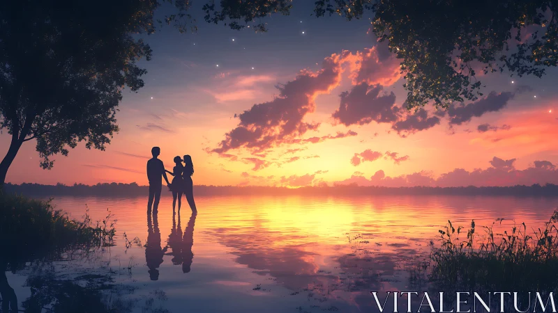 Couple Silhouetted at Sunset Over Water.