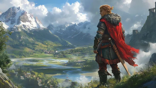 Valiant wanderer surveying emerald valley beneath winter peaks.