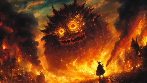 Tiny wizard faces blazing fluff monster in burning city.