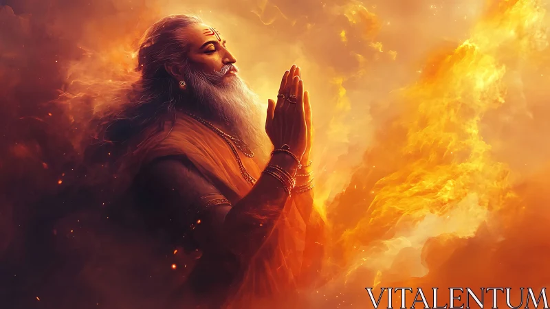 Fiery sage in luminous prayer amid swirling divine flames.